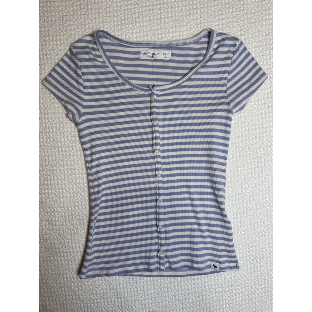 Abercrombie Kids Ribbed‎ Henley Top Blue White Stripe Girls Size 11/12 Stretch